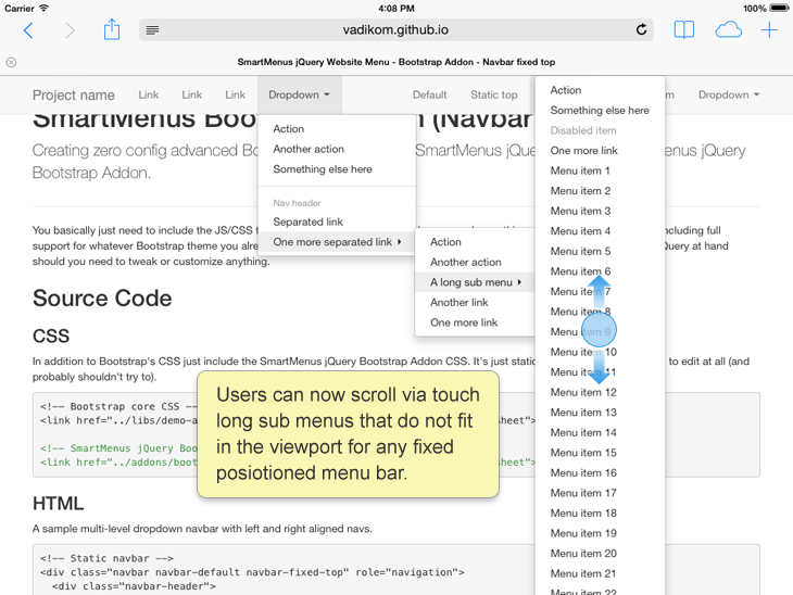 Illustration showing how long sub menus can be scrolled via touch